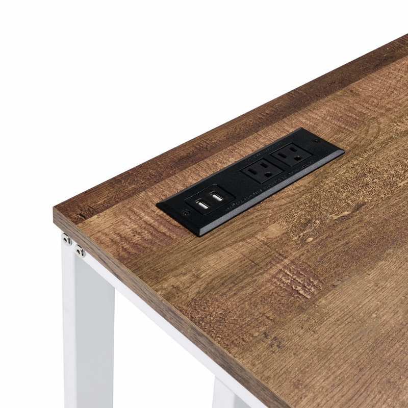 Bureau d'écriture avec port USB et fiche, bureau rectangulaire avec base en métal, Noyer/blanc
