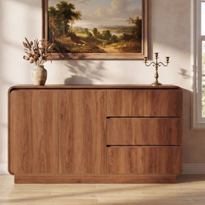 Buffet moderne en noyer clair, armoire de rangement de 55,1 po de largeur avec 2 portes et 3 tiroirs, salle à manger polyvalente et salon