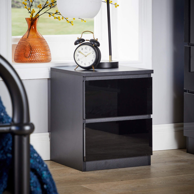 Rishin 2 Drawer High Gloss Bedside Cabinet Unit, Black