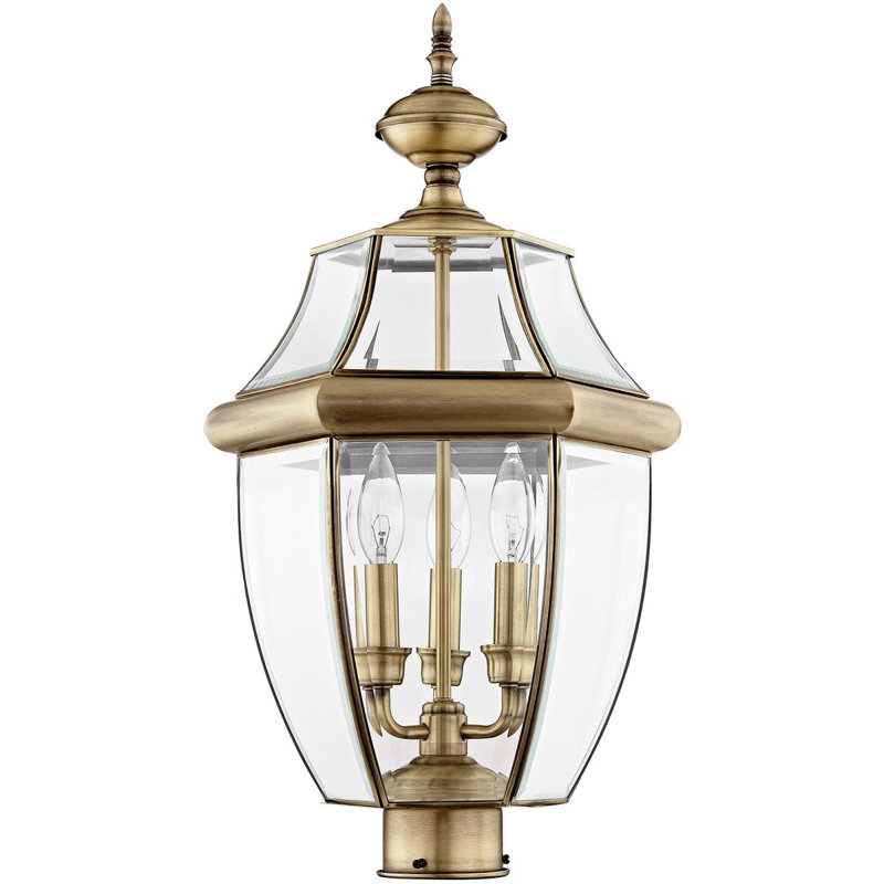 Luminaire suspendu d'extérieur à 3 lumières avec abat-jour en verre transparent, Laiton antique