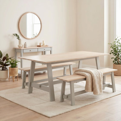 Blakeley Rectangular Trestle-Style Legs Wooden Dining Table & 2 Benches - Inspired Farmhouse Style