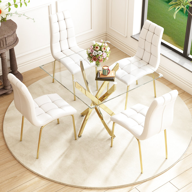 5 - Piece Pedestal Dining Set, Gold, White/Gold