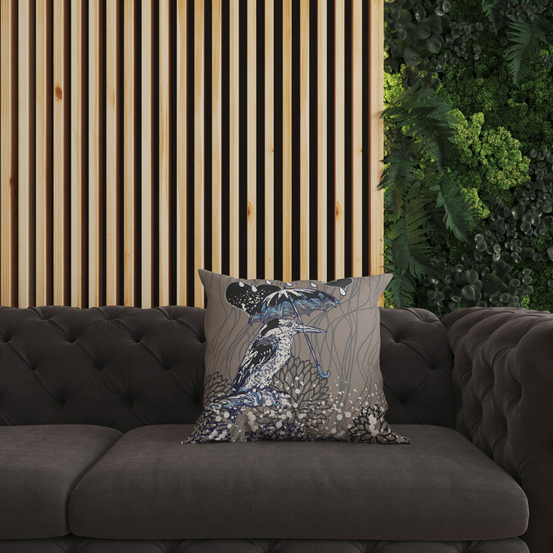Coussin décoratif réversible Bird / Umbrella, H 20 po x l 20 po, Noir / gris