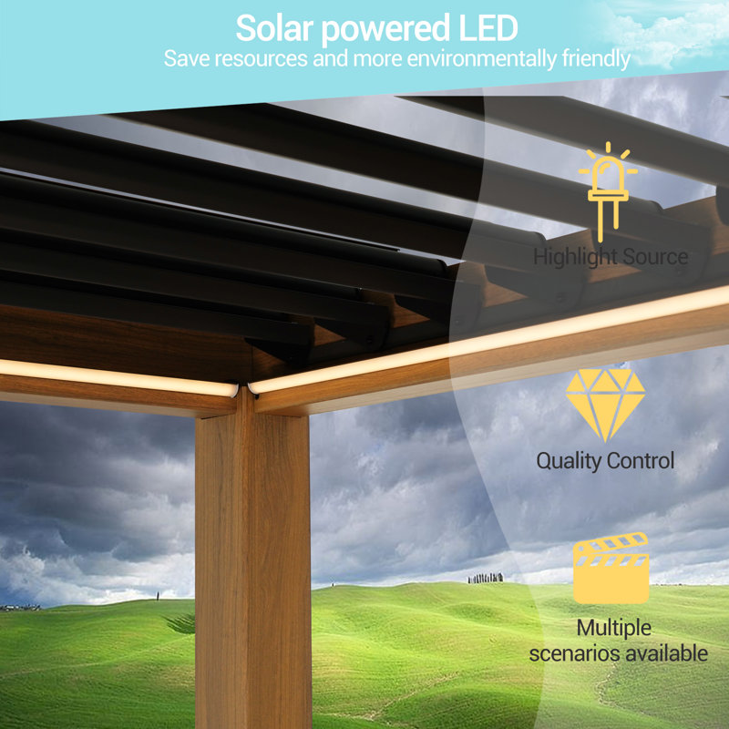 Patio Aluminum Metal Frame Pergola, Freestanding Lighted Patio Pergola with Adjustable Louvered Roof for Outdoor, Wood Grain