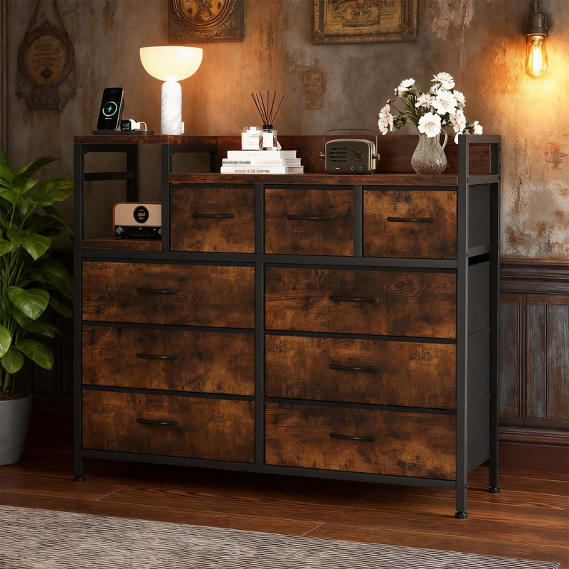 Metal Frame Fabric 9 Drawer Dresser with Charging Station for Bedroom, Brown
