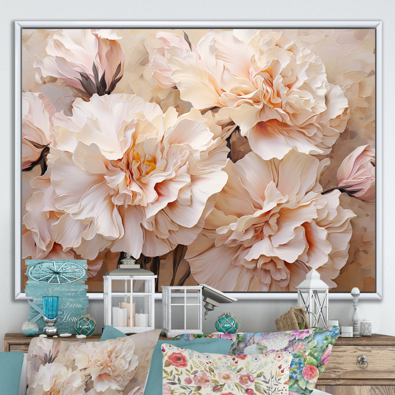 Arrangement d'œillets beige I sur toile, Cadre flottant blanc, H 34 po x l 44 po x P 1,5 po
