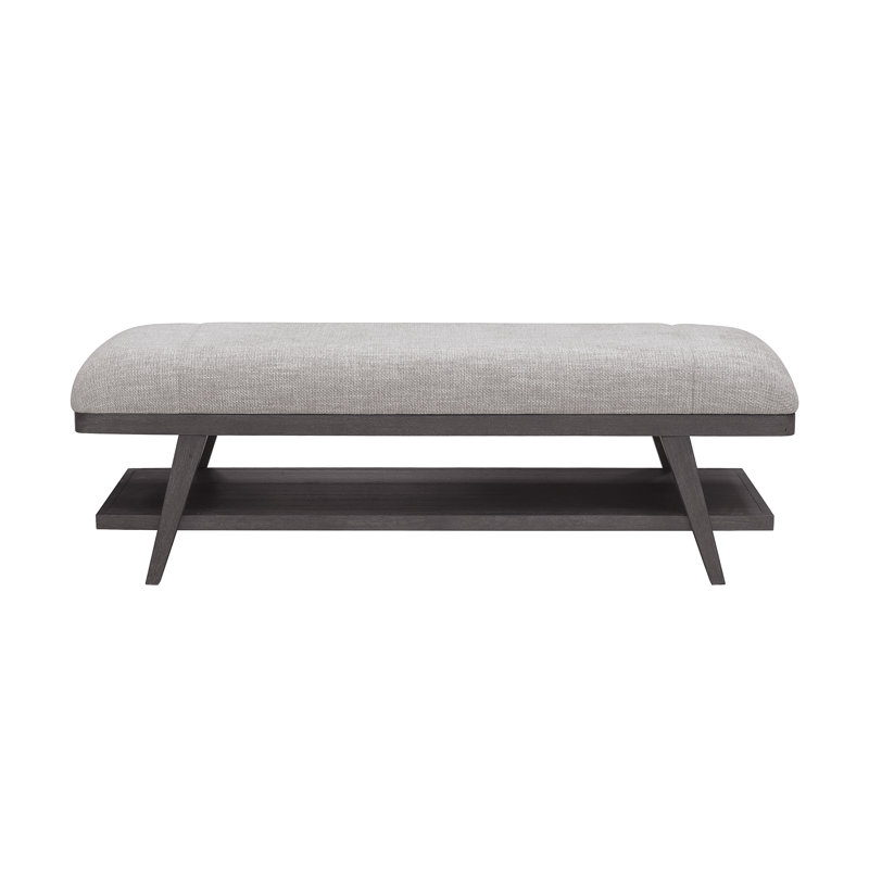 Gray Upholstered Ash Wood Bed Bench with Shelf