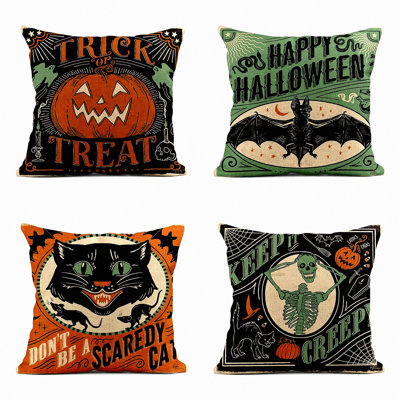 Vintage Halloween Linen Pillow Covers - Set of 4 Scaredy Cats Pumpkins Skeletons Square Cushion Covers for Sofa Bed Couch Home Decor Pillowcase