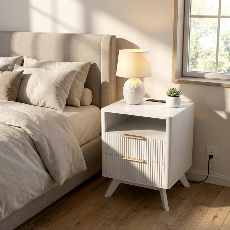 Modern Fluted Nightstand with Charging Station, White