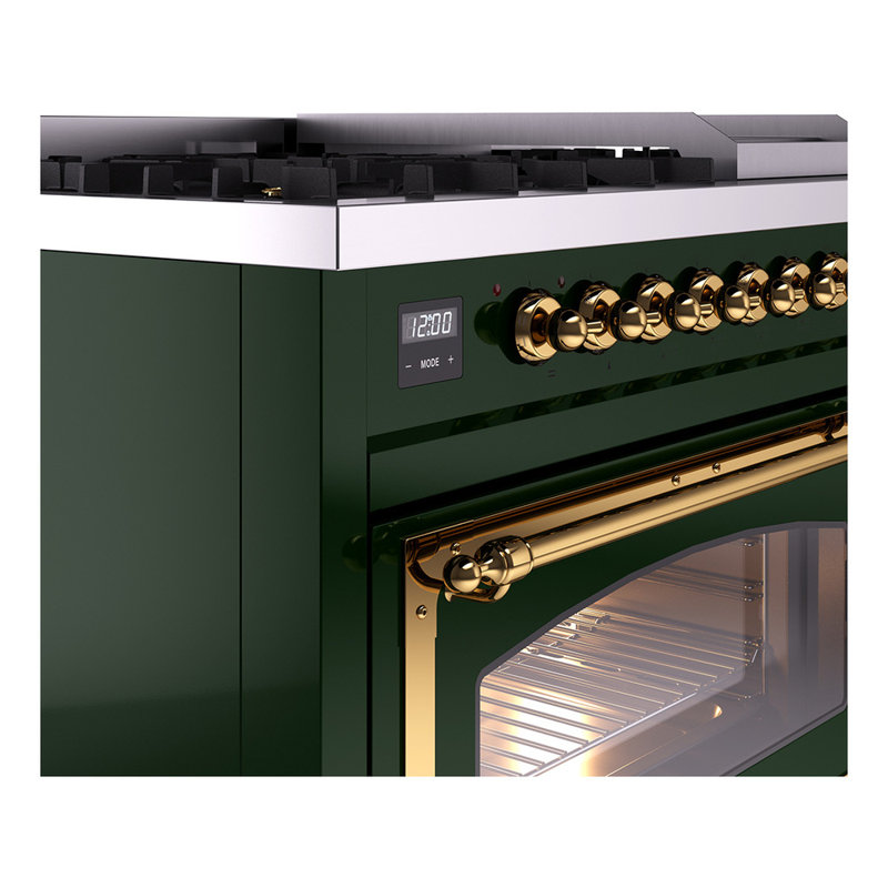 ILVE Nostalgie II Series Noblesse 48 inch Dual Fuel Range with 8 Sealed Burners, Griddle (Glass Door), Emerald Green, Brass