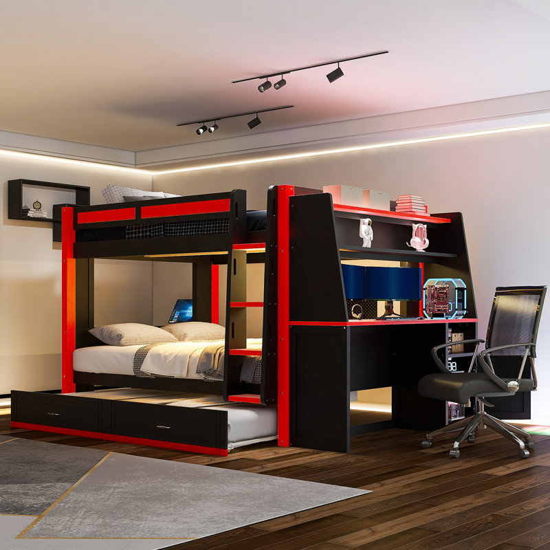 Lit superposé multifonctionnel avec lumière DEL, bureau et rangement