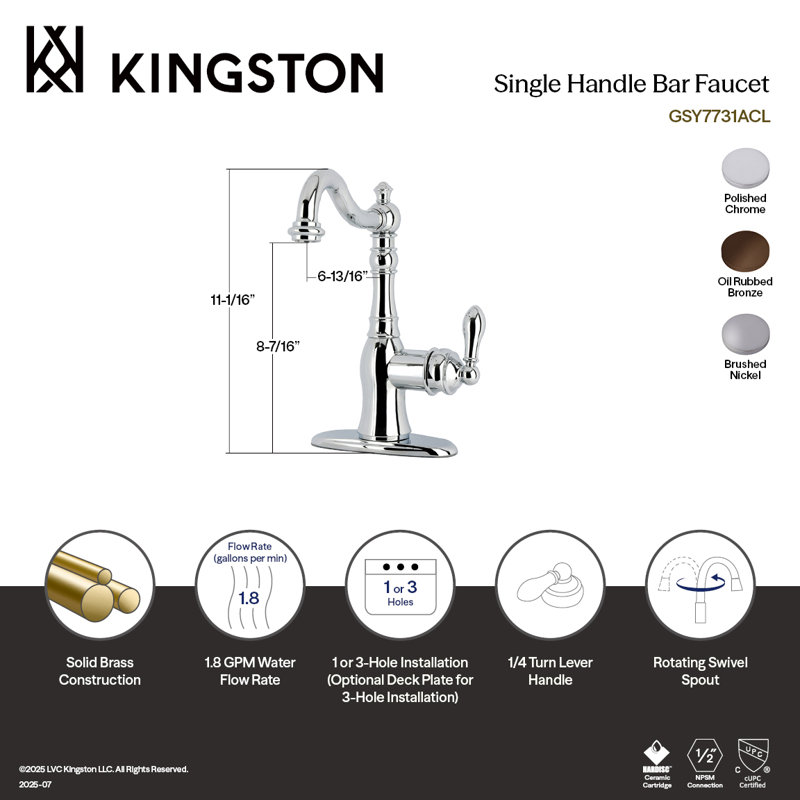 Kingston Brass American Classic Single-Handle Deck Mount Faucet, Polished Chrome, Without Spray
