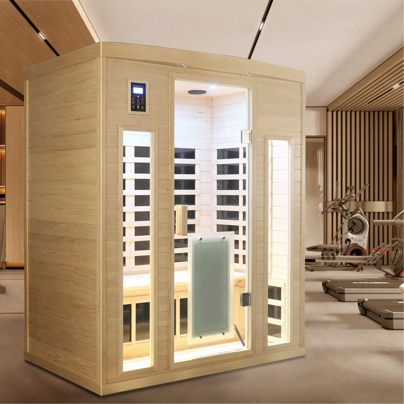 Sauna intérieur en pruche à faible champ électromagnétique pour 3 personnes avec porte en verre chauffante