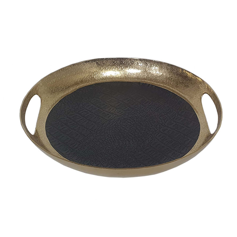 D12X2" Round Decorative Tray With Gold Finish And Black Faux Leather Base
