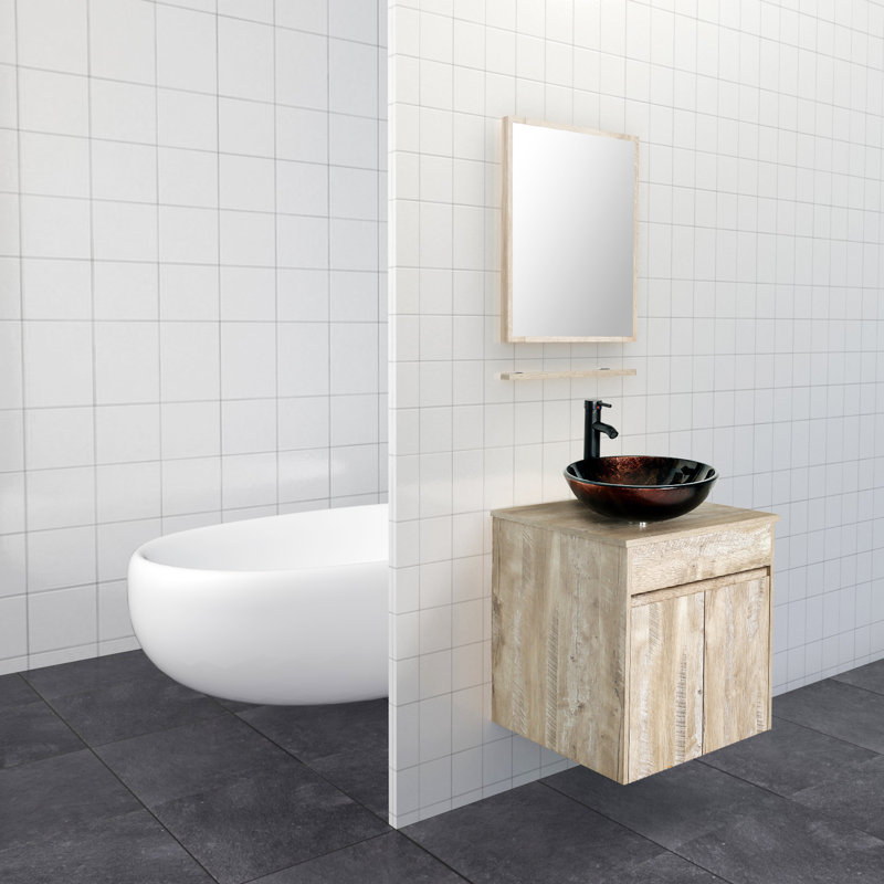 Bitha 24 " W Wall Mounted Single Vanity Bathroom Vanity With Top with Mirror, Brown, Black, Natural Wood