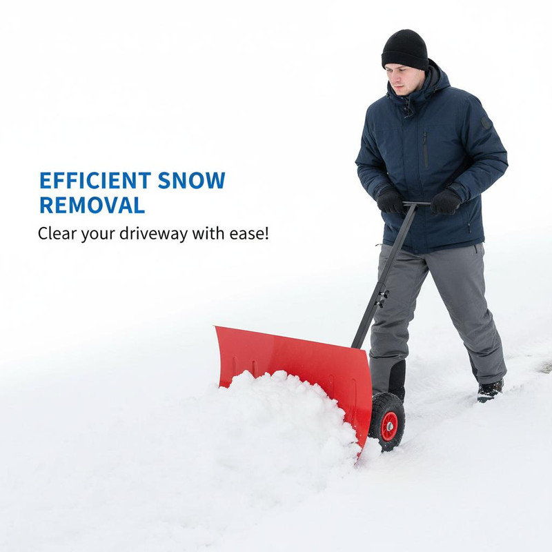 Snow Shovel with Wheels,29.1"W Heavy Duty Portable Snow Pusher Shovel Heavy Duty Metal Snow Shovel with Snow Removal 5-Position Angled Blade & Adjustable Handle for Driveway Car Home Garage