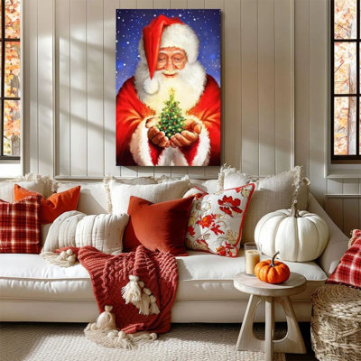 1pc, peinture murale sur toile encadrée père Noël, arbre de Noël miniature, peinture à l'huile réaliste, impression de décoration, affiche murale rétro, cadeau parfait pour une œuvre d'art moderne pour le salon de la chambre à coucher