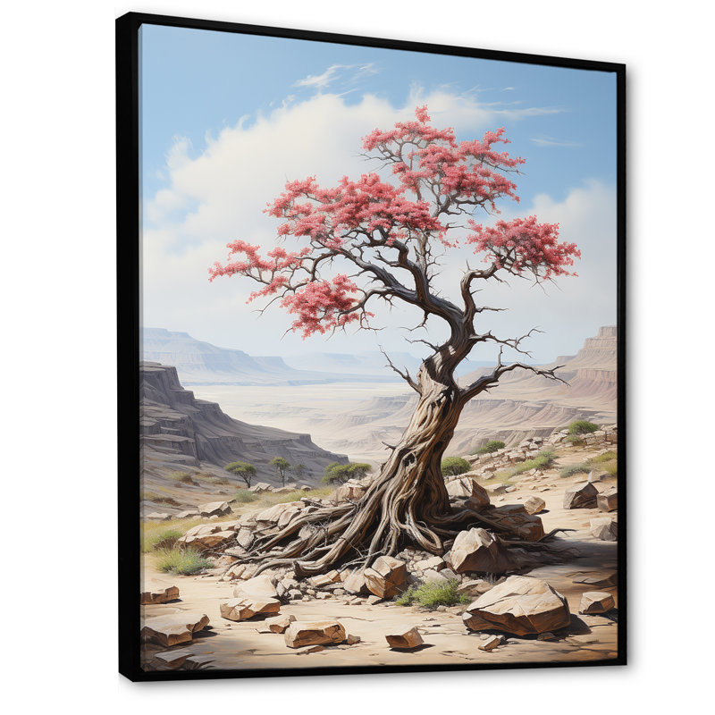 Arbre d'acacia africain dans le désert I - Art mural africain, Cadre flottant noir, H 20 po x l 12 po x P 1 po