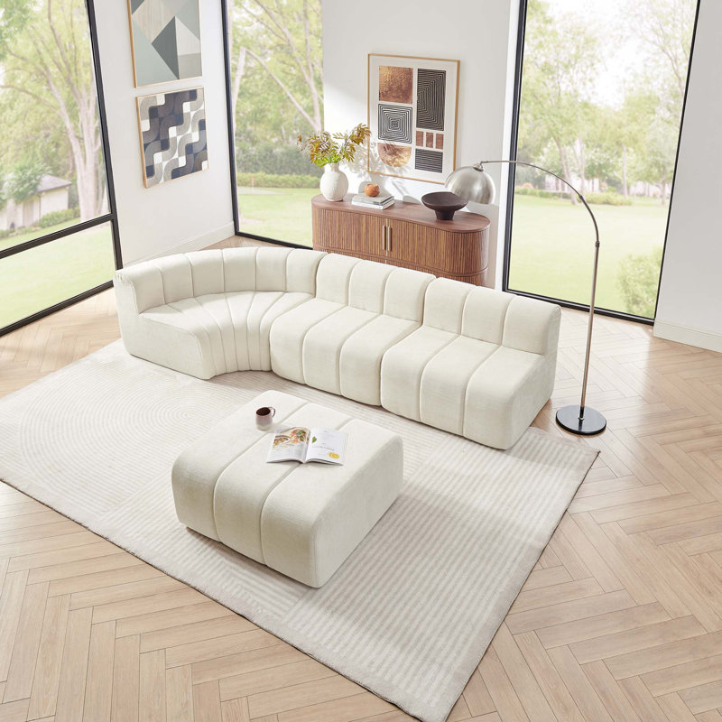 Canapé modulaire semi-courbé modulaire moderne avec repose-pieds mobile, Beige Chenille