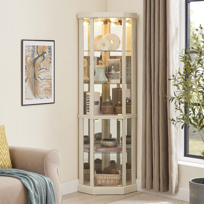 Vitrine de coin lumineuse - Vitrine élégante en verre pour le rangement du salon et du bar - Pour les collections antiques et le vin - Comprend un éclairage intégré - Blanc