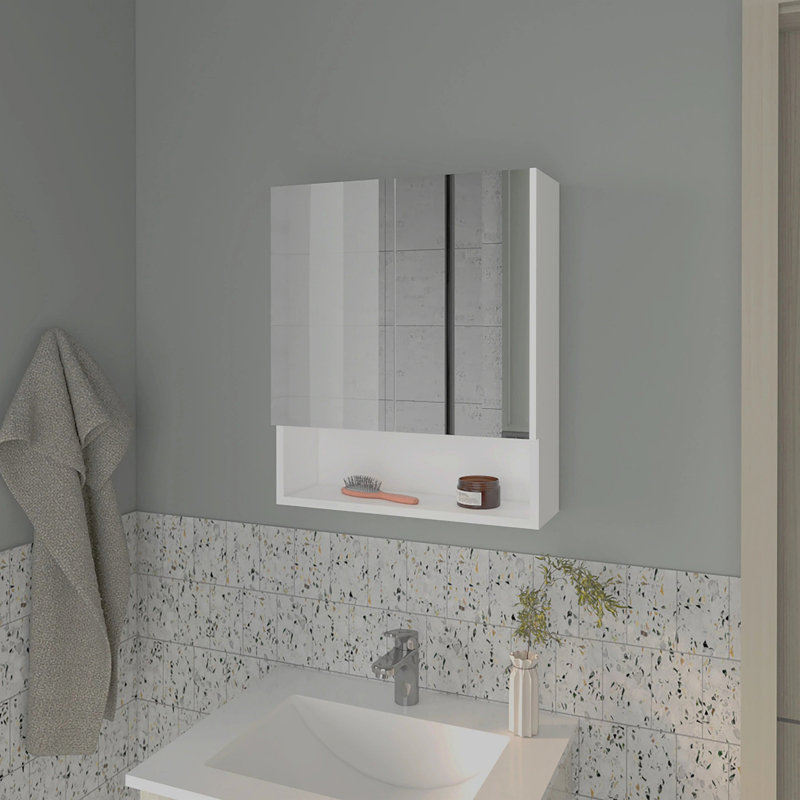 Armoire à pharmacie blanche avec portes en miroir et rangement ouvert