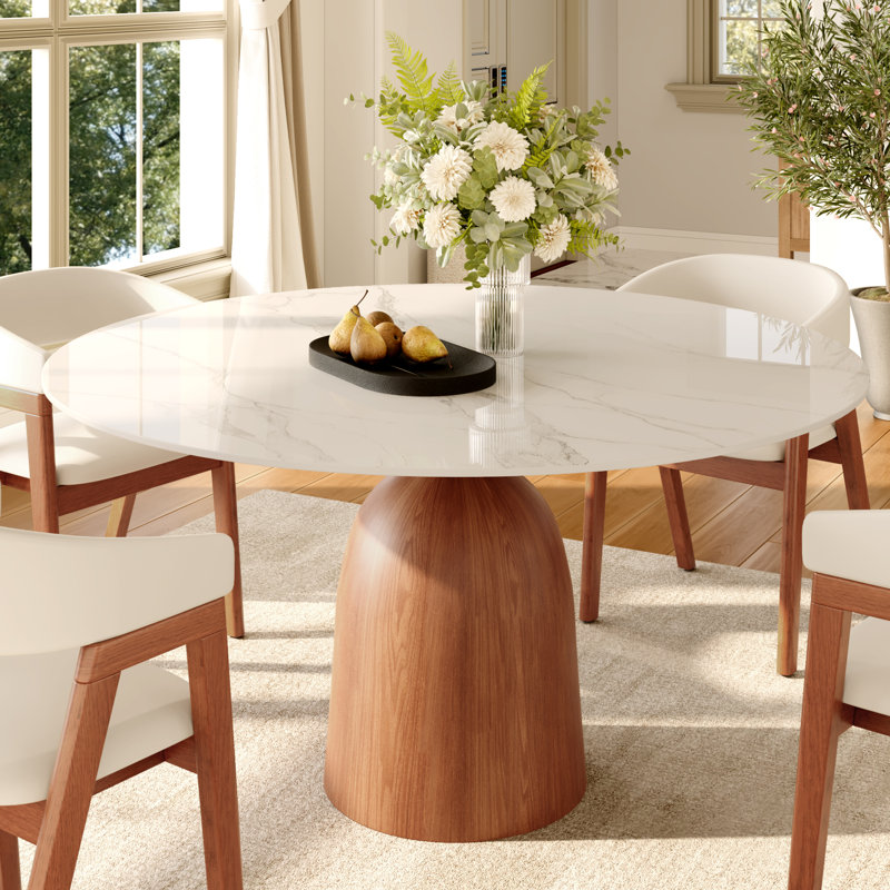 Modern Round Dining Table with Premium Sintered Stone Tabletop & Sturdy Solid Wood Pedestal Base for 2-6 Seats, White, Walnut