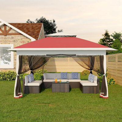 Tente à baldaquin, structure en acier avec tissu en polyester, 12 x 12 pi, pavillon de jardin escamotable avec moustiquaire et hauteur réglable, fêtes extérieures et barbecues