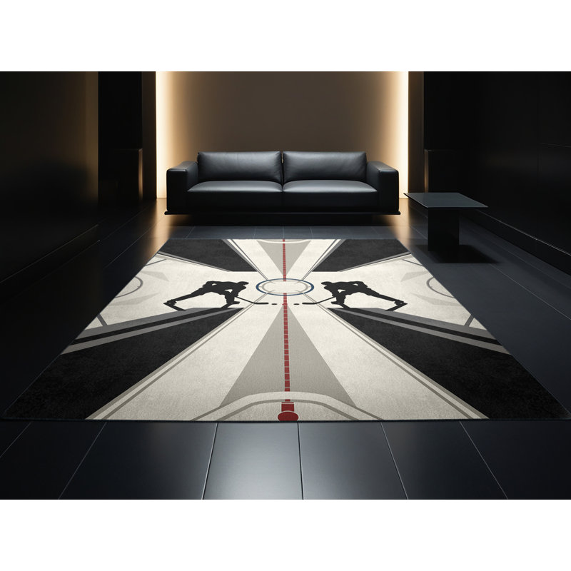 Machine Washable Aguilar Ice Hockey Faceoff Modern & Contemporary Geometric Rug in Beige – Black Binding, 4x6