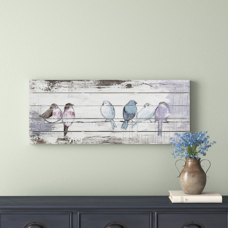 Runda perché oiseaux - panneau mural en bois peint à la main