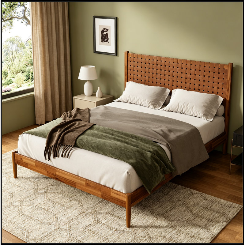 Tête de lit en bois grand format Digrazia avec tête de lit en cuir végétalien tissé à la main, Caramel