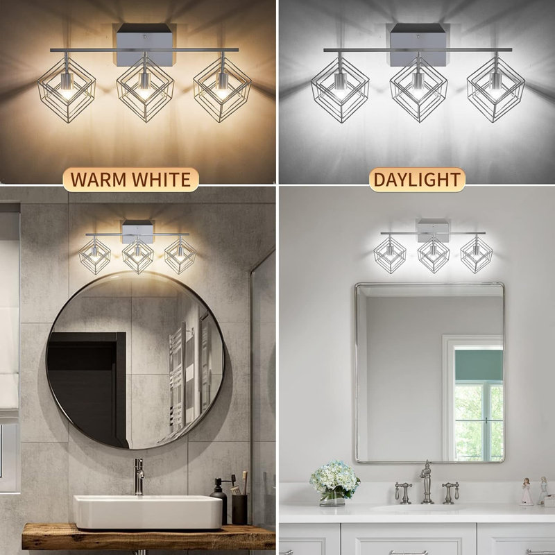 Brushed Nickel Modern 3-Light Bathroom Vanity Fixture with Rotatable Cube Shades