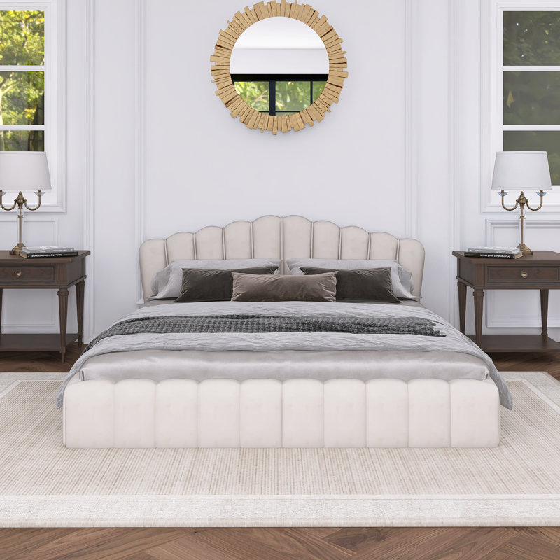 Tête de lit tapissier en velours pour grand lit, Beige