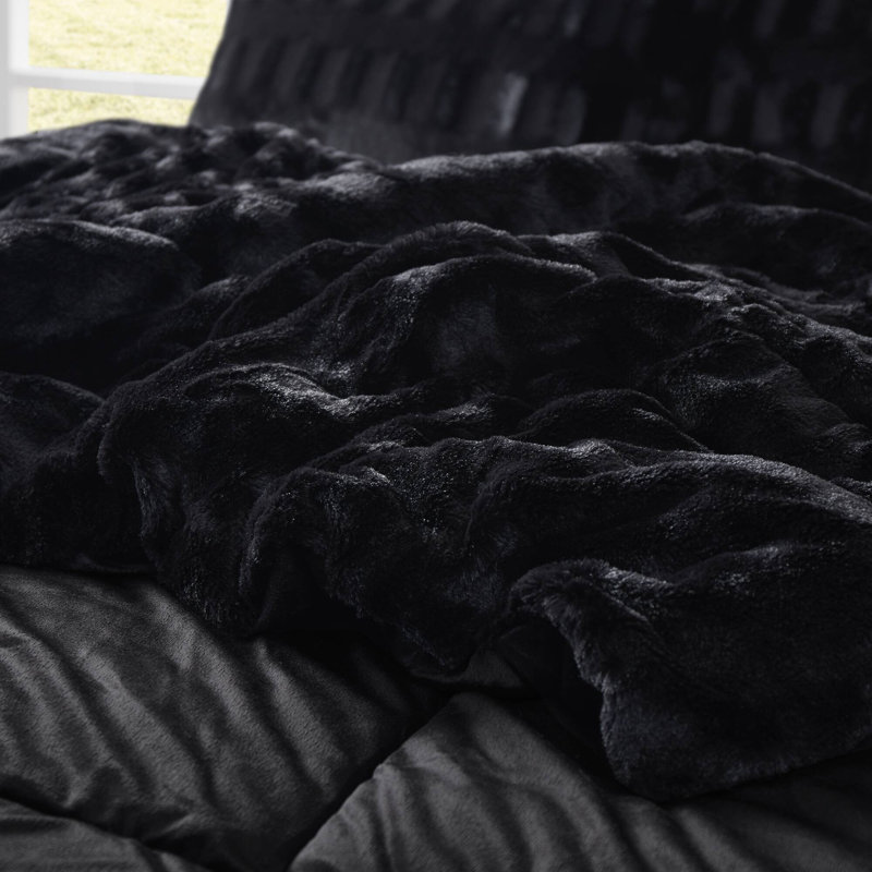 Ensemble d'édredon en fausse fourrure 3 pièces pour lit double / grand, Noir, Édredon simple