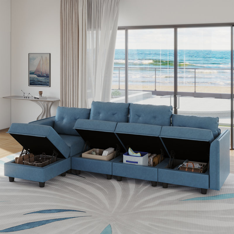 Zendajas 112" Curved Arm Convertibility 4 Seater Sofa Chaise Storage ottoman, Sky Blue Faux Leather