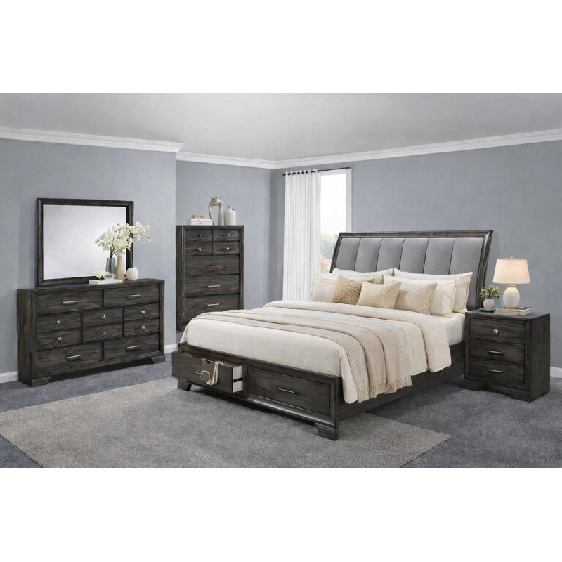 Ensemble de chambre à coucher moderne avec lit-bateau avec rangement rembourré gris, 5 pièces, Très grand lit