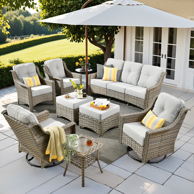 9 - Person Patio Furniture Sofa with Swivel Rockers , Outdoor Wicker Rattan High Back Sofa with Cushions, All Weather Sofa with Ottomans for Garden Backyard
