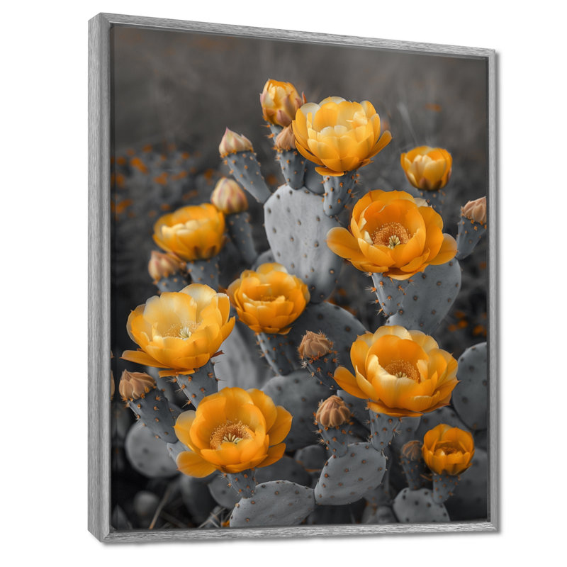 Monochromes jaunes, gris, cactus, fleurs du désert I - impression d'art mural cactus floral, H 32 po x l 16 po x P 1 po
