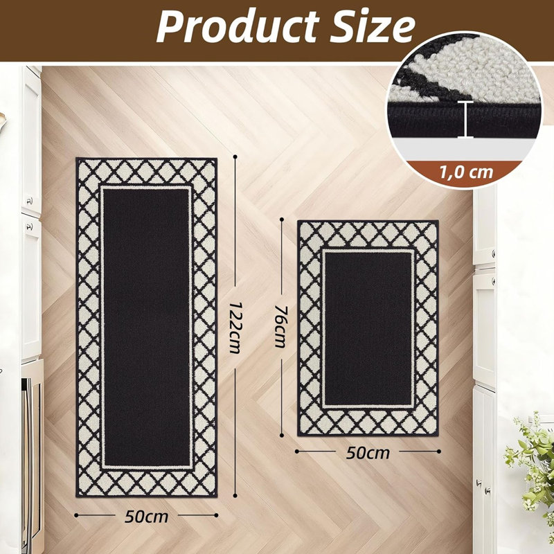 Gray Absorbent Kitchen Runner Rug Mats 2 Pieces for Kitchen, Nonslip TPR Backed Carpet Rugs, 50x76cm+50x122cm, Black