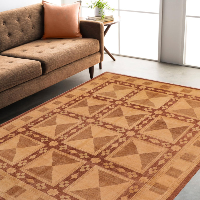 Tapis brun en laine noué à la main à motif géométrique 7 pi 10 po x 9 pi 6 po Baccio
