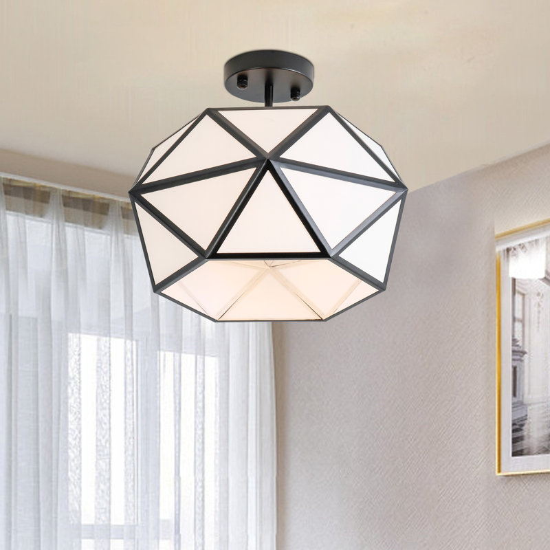 Kazanovicz 1-Light Shaded Drum Semi Flush Mount with Fabric Accents, Matte Black