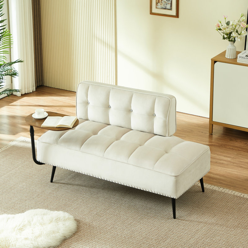Ensemble moderne de 137 cm en velours beige avec table d'appoint pivotante à 360°, banc et design d'espace pour chambre d'appartement.