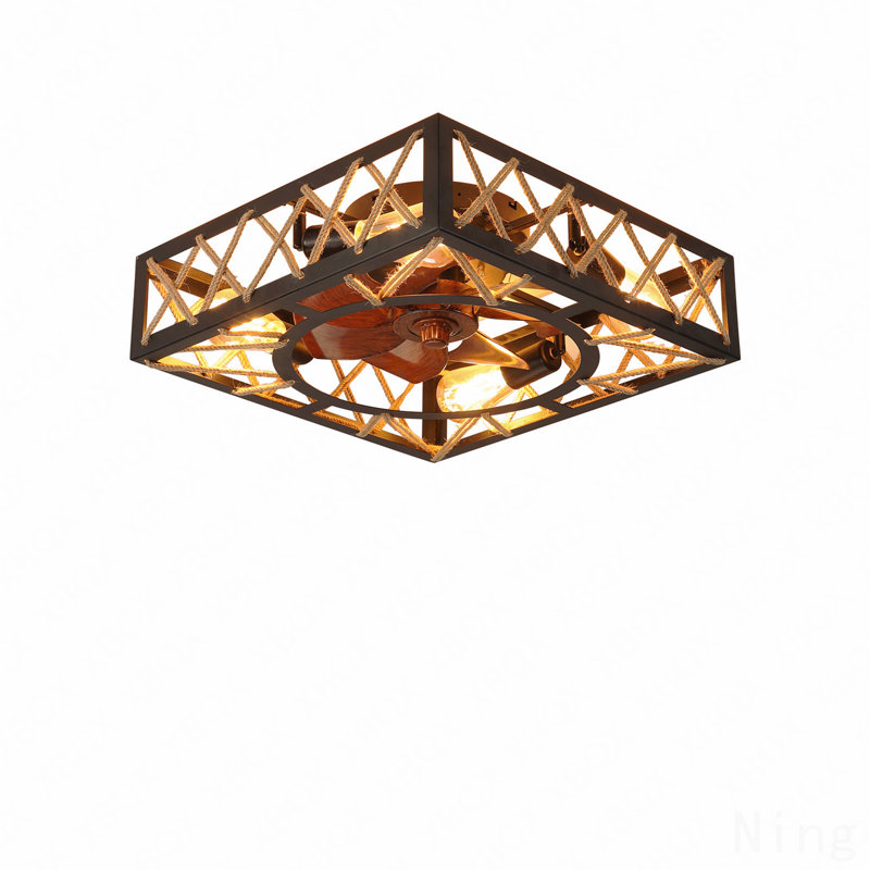 Farmhouse Rustic Ceiling Fan And Remote Control,Square Caged Industrial Ceiling Fixture With 6 Speeds & Noiseless Dc Motor For Kitchen Dining Room Living Room Bedroom