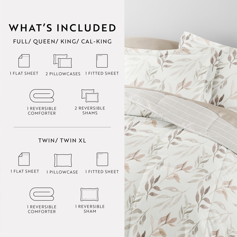 Ivory Floral Twin Microfiber Reversible Bed in a Bag Set