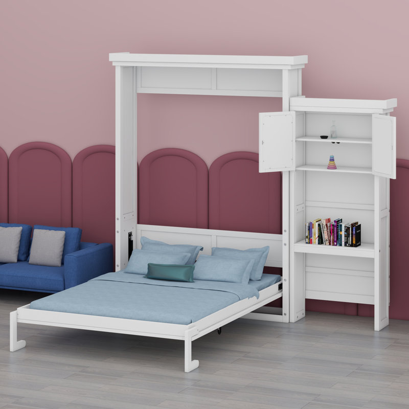 Lit escamotable avec plusieurs tablettes de rangement et décoration à persiennes, Blanc