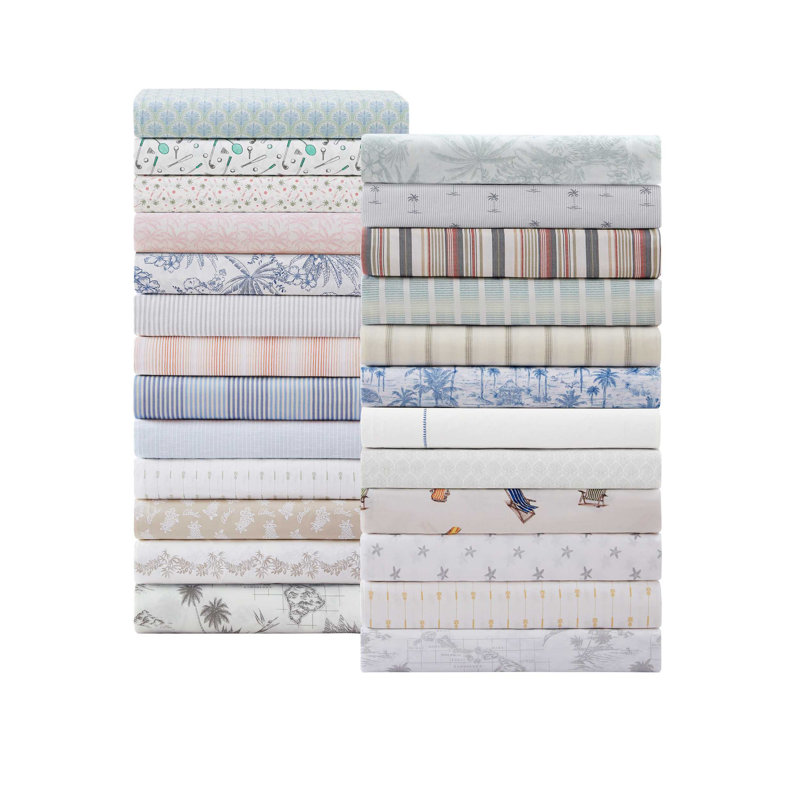 Tommy Bahama Printed Percale Cotton Sheet Set, Queen Sheet Set with 2 Pillowcases, Blue Palmtastic