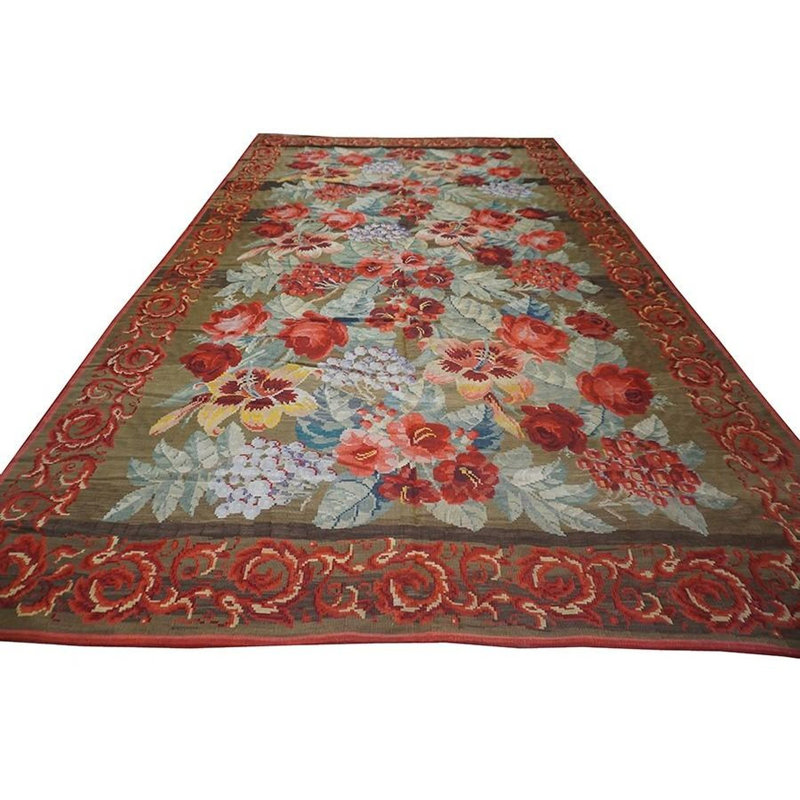 1900s Large Scale Olive Antique French Floral European Folk Besserabian Wool Rug 9'0" x 16'0"