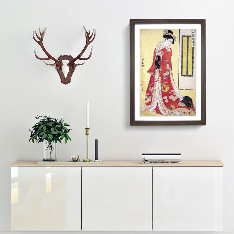 Young Woman with a Dog by Torii Kiyonaga - Picture Frame Art Print, 36cm H x 27cm W x 2cm D, Walnut Framed