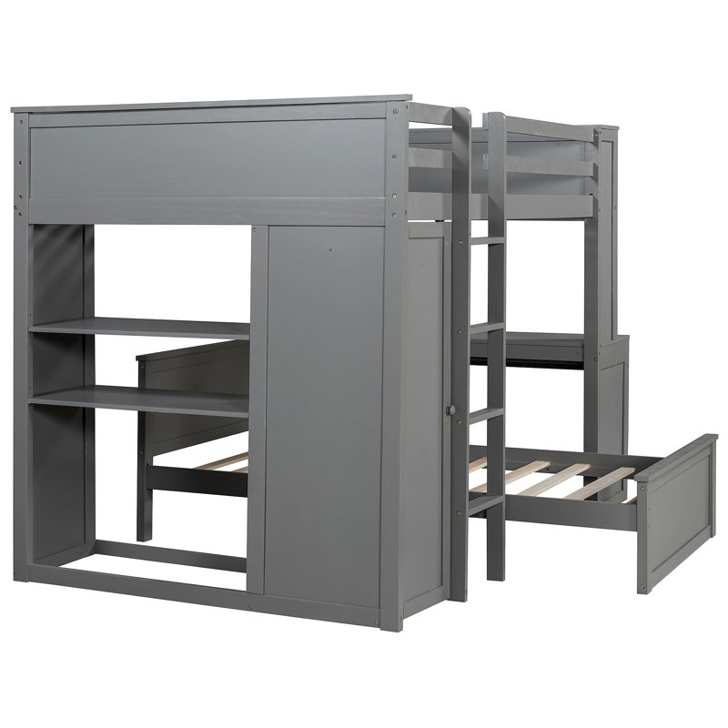 Lit mezzanine avec lit autonome, tablettes, bureau et garde-robe, Gris, Lit double