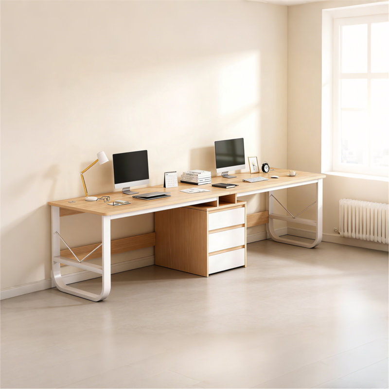 Dual-Person Computer Desk, with 3-Drawer Storage & Rustic Wood Grain Top, Metal Frame & Cable Management, Modern Home Office Style