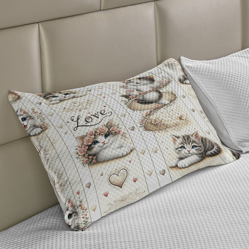 Ambesonne Cat Quilt Pillow Cover Vintage Smiling Blue Eyed Kitty  Ivory Pale Brown Gray, 20"H x 30"W